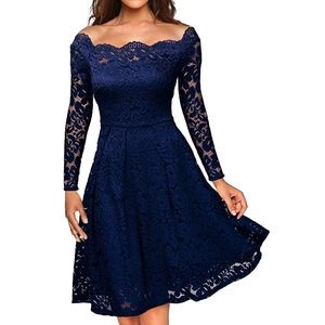 Navy lace off the shoulder long sleeve midi dress